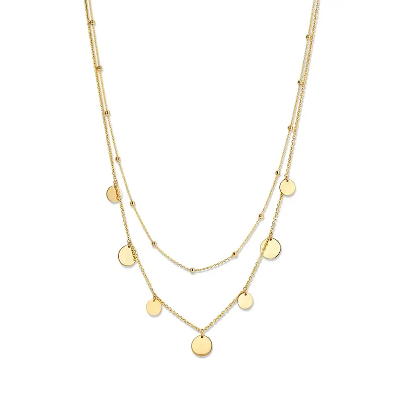 14K Geelgouden Collier met Dubbele Ketting en Coins – Modern Sieraad voor Dames