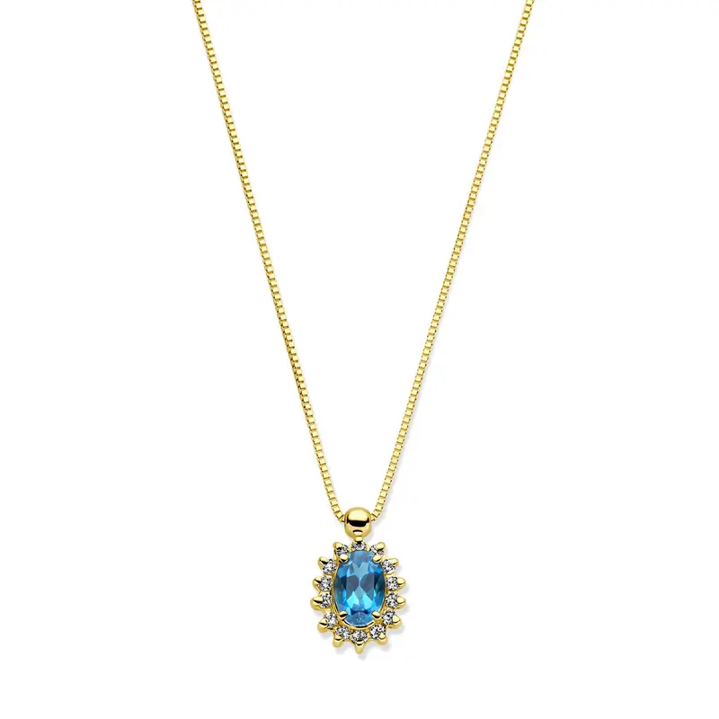 14k Geelgouden collier met London Blue topaas en diamant