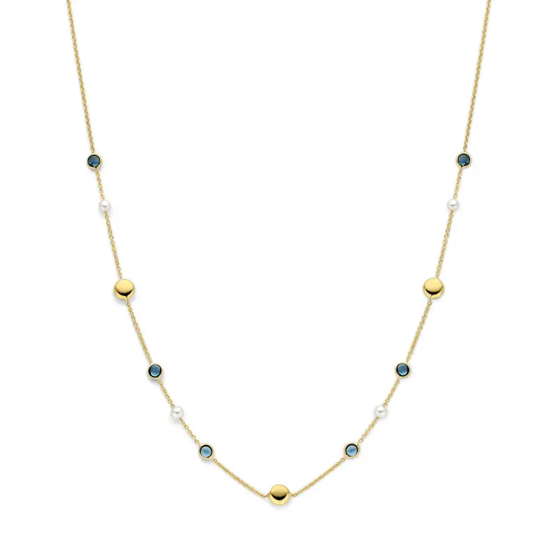 14k geelgouden collier met parels en London Blue topaas