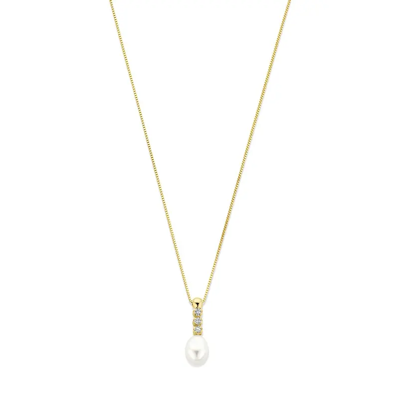 14k geelgouden collier met zirkonia en zoetwaterparel