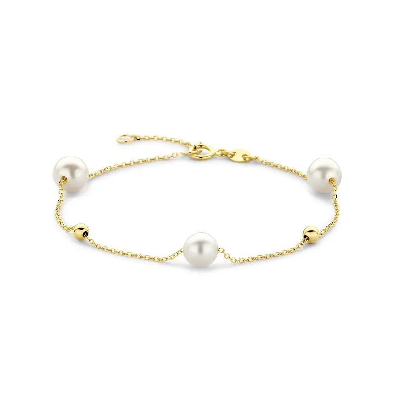14k geelgouden damesarmband met parels en bolletjes
