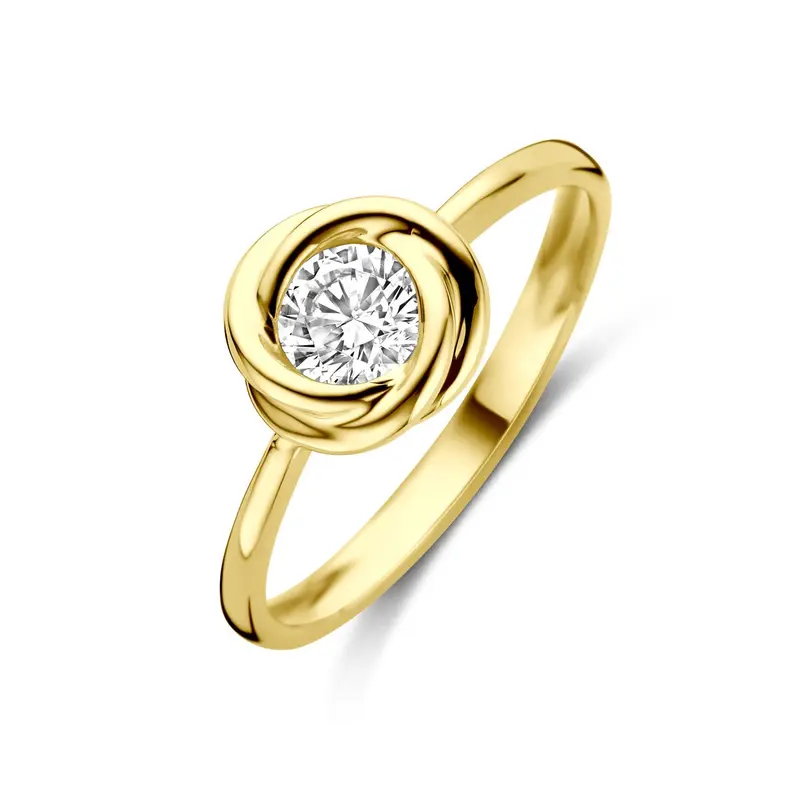 14k geelgouden damesring met zirkonia – solitaire ring in klassiek design