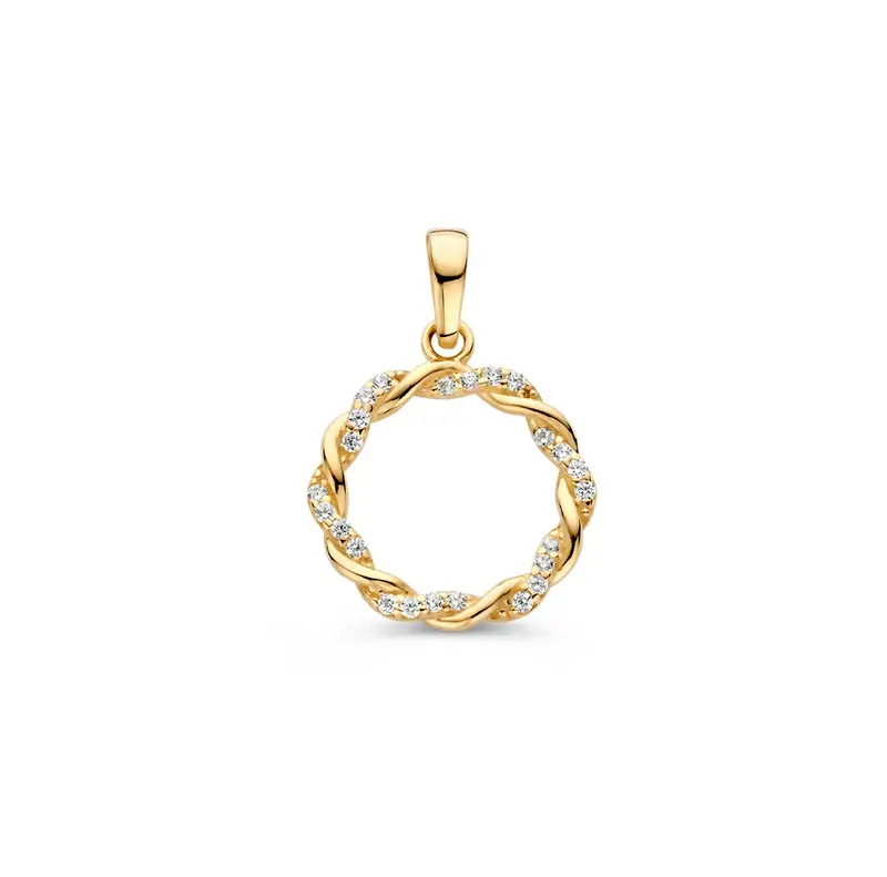 14K Geelgouden Hanger met Gedraaide Band en Zirkonia – Elegante Cirkelhanger voor Dames