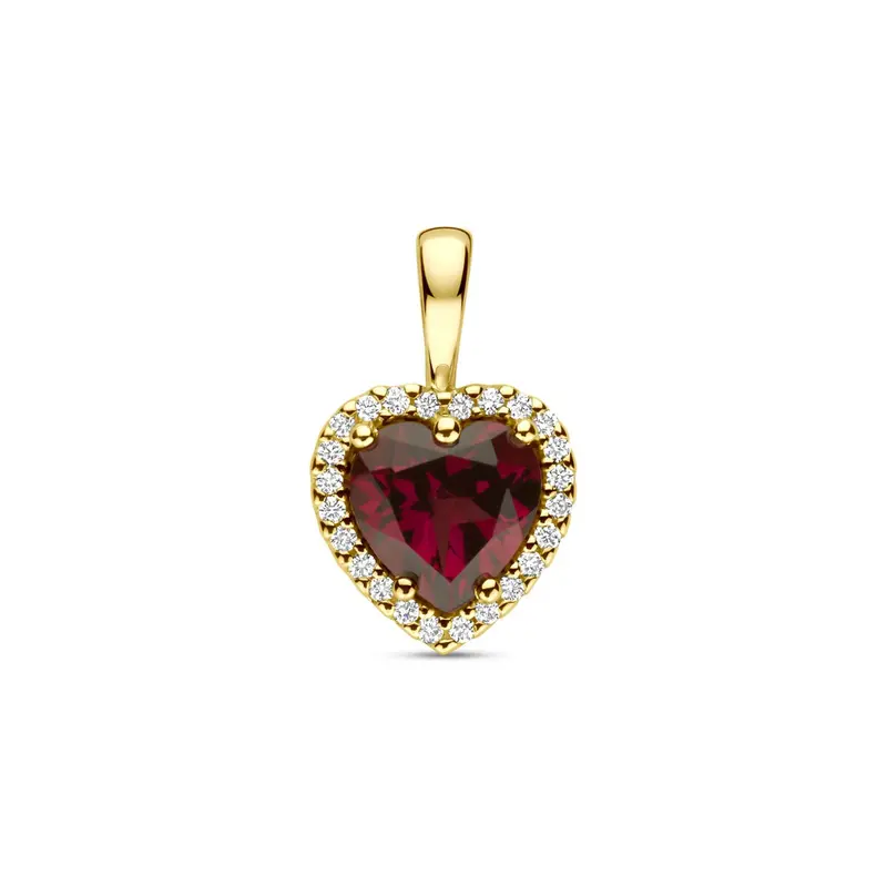 14k Geelgouden hanger met Rhodoliet hartje en diamant – 0.06ct