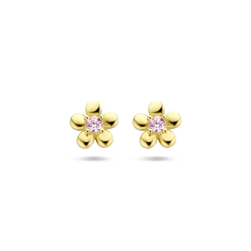 14k Geelgouden kinder oorknoppen bloem met roze zirkonia
