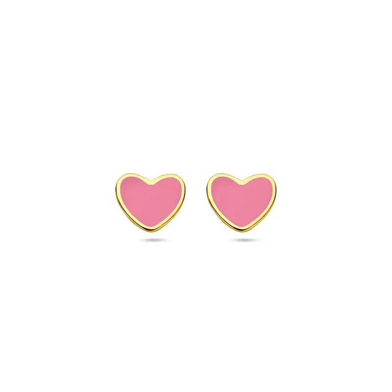 14k geelgouden kinder oorknoppen – hartje met roze epoxy