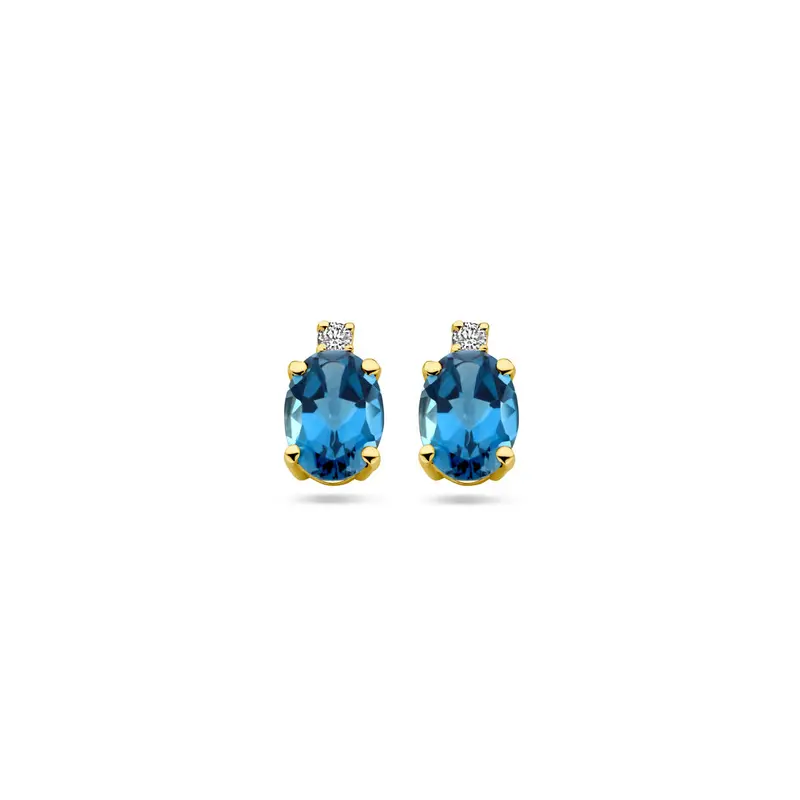 14k Geelgouden oorknoppen met London Blue topaas en diamant