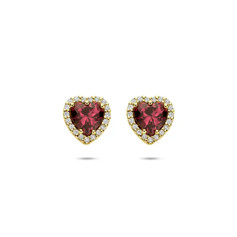 14k Geelgouden oorknoppen met Rhodoliet hartje en diamant – 0.10ct