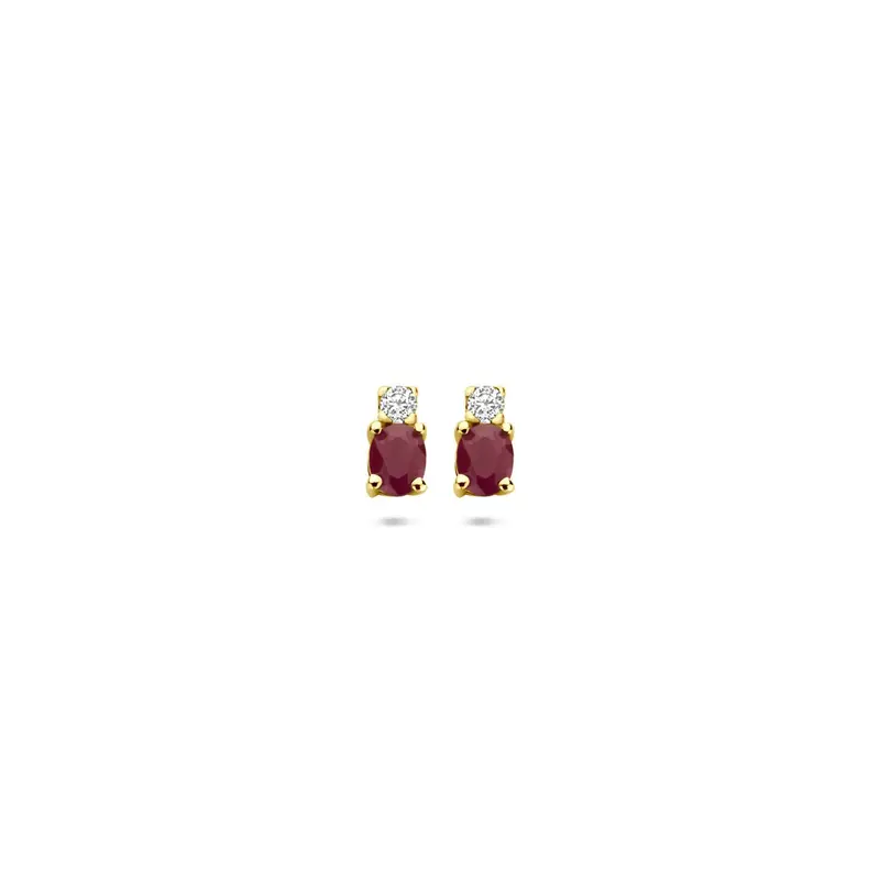 14k Geelgouden oorknoppen met robijn en zirkonia – 6 x 3 mm