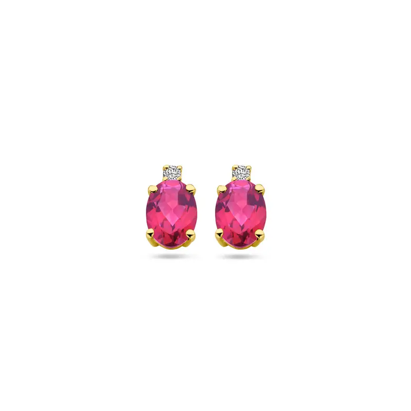 14k Geelgouden oorknoppen met roze topaas en diamant