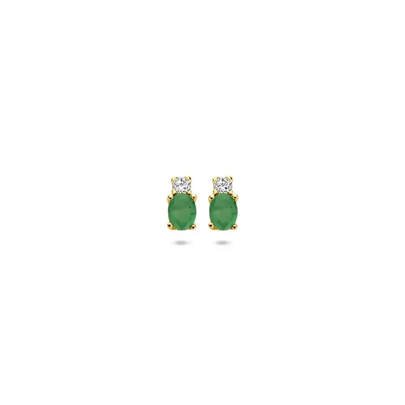 14k Geelgouden oorknoppen met smaragd en zirkonia – 6 x 3 mm