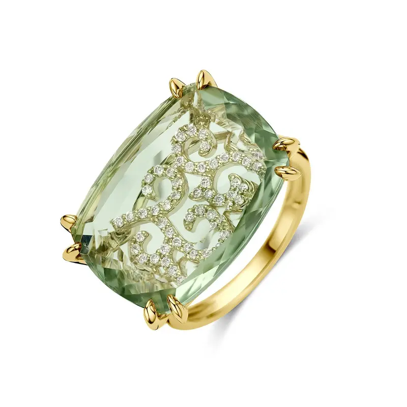 14k Geelgouden ring met groene amethist en diamant