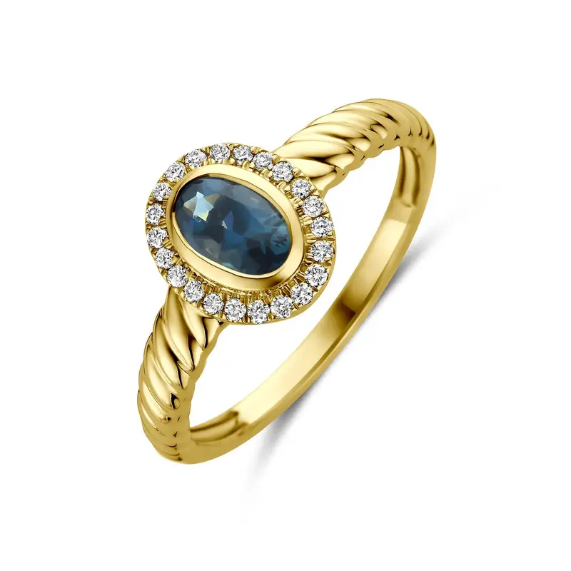 14k Geelgouden ring met London blue topaas en lab grown diamant