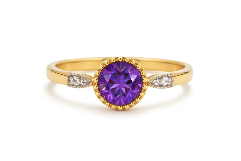 14K Goud June Amethist Diamant Ring