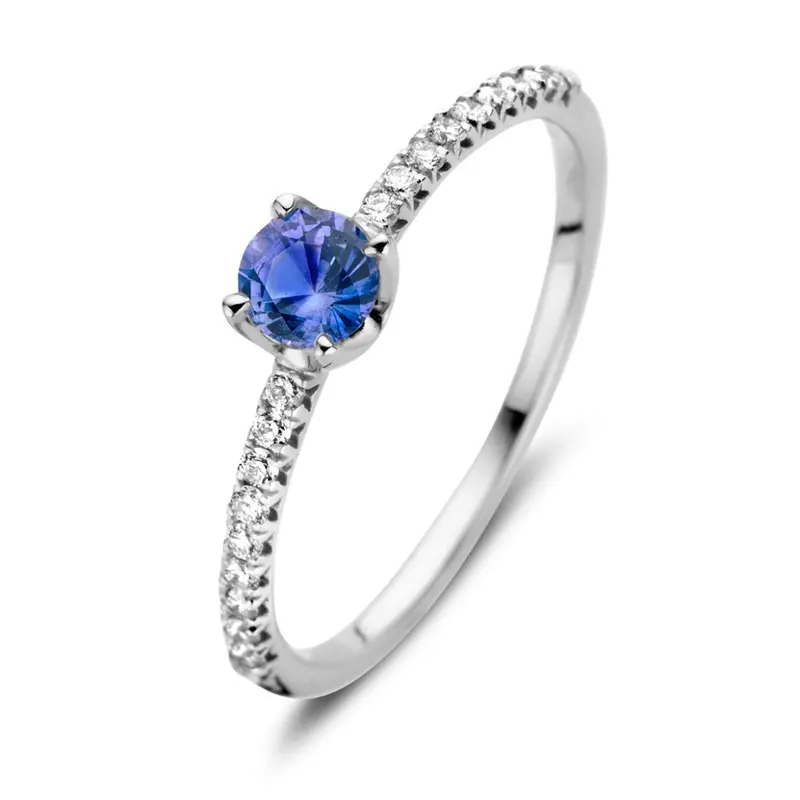 18kt Witgouden Ring met Blauwe Saffier en 0.15ct Briljanten – Elegante
