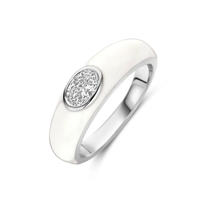 925 Gerhodineerd Zilveren Ring met Wit Emaille en Zirkonia