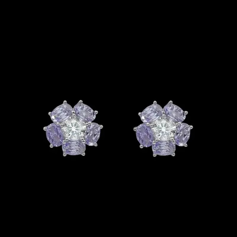 925 Sterling Zilveren Bloem Oorbellen met Lila Zirkonia Stenen