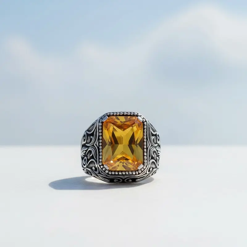 925 Sterling Zilveren Herenring met Gele Zirkoon Steen