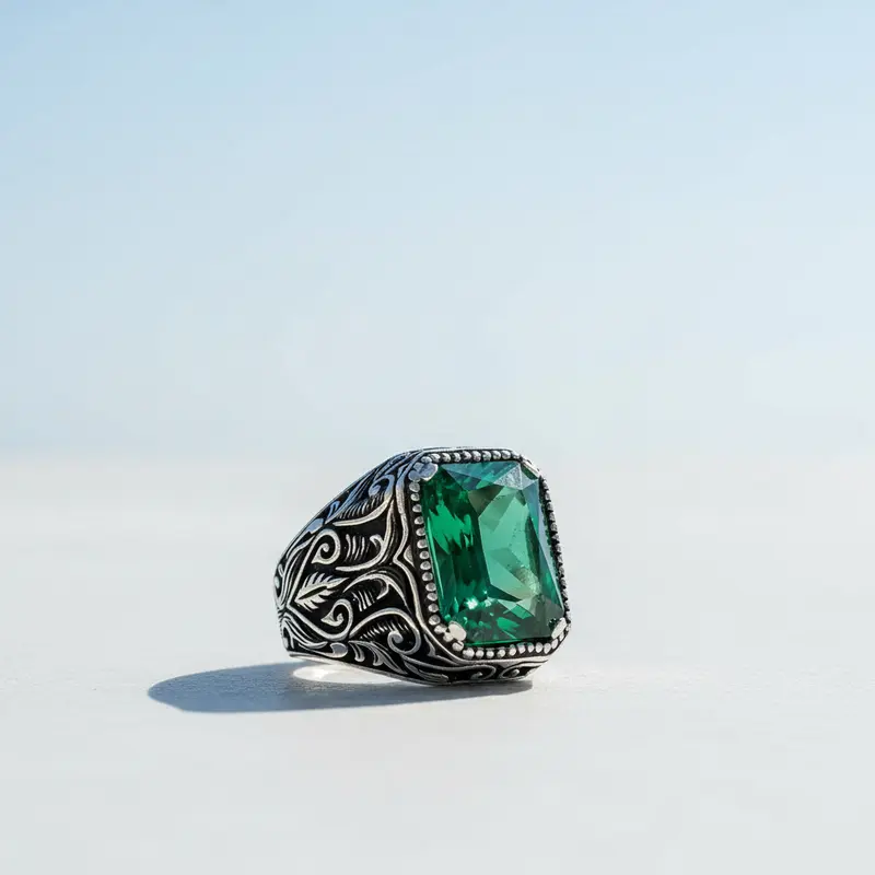 925 Sterling Zilveren Herenring met Groene Zirkoon Steen