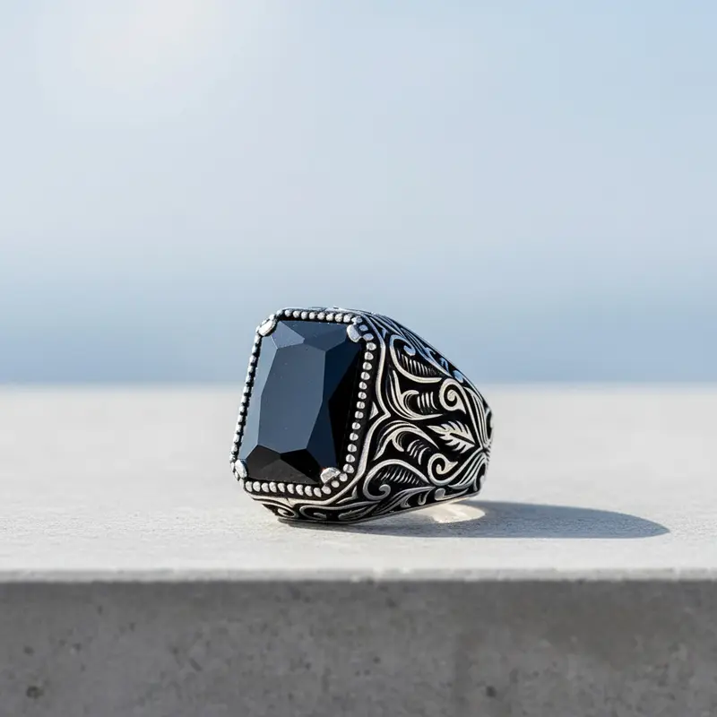 925 Sterling Zilveren Herenring met Zwarte Zirkoon Steen