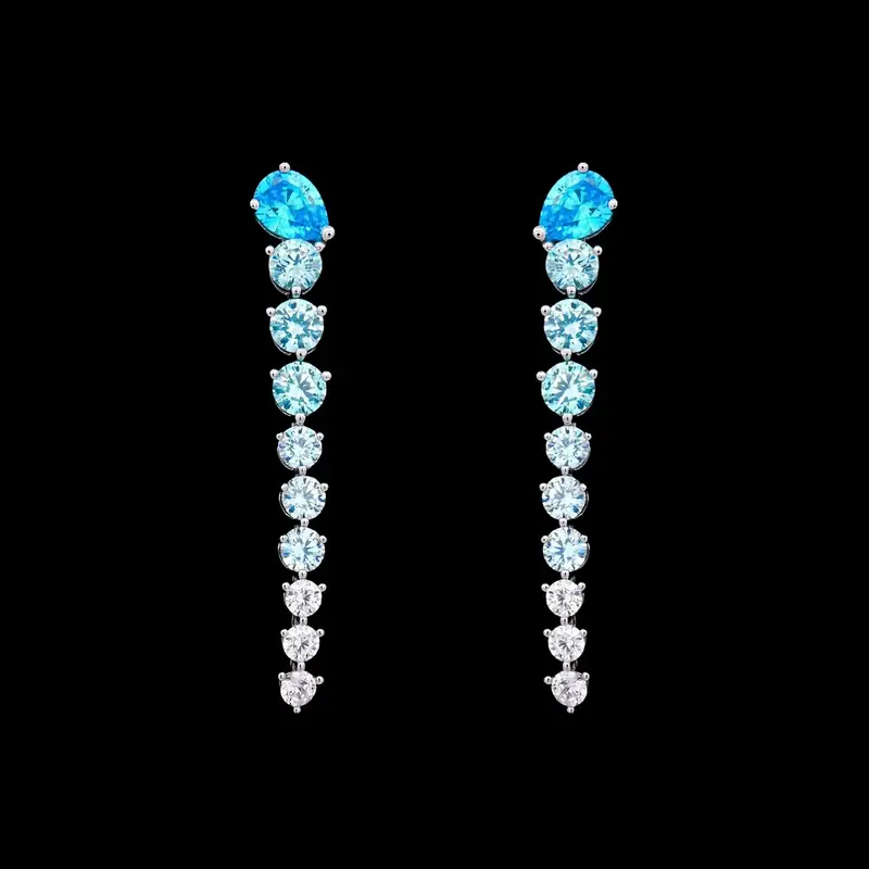 925 Sterling Zilveren Lange Oorbellen met Turquoise Blauwe Zirkonia Stenen