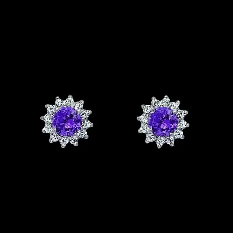 925 Sterling Zilveren Rozet Oorbellen met Paarse en Witte Zirkonia Stenen