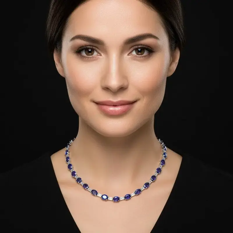925 Sterling Zilveren Tenniscollier met Tanzanietkleurige Zirkonia Stenen