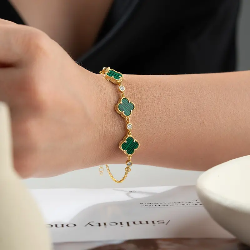 925 Zilveren Armband met Malachiet Klaver