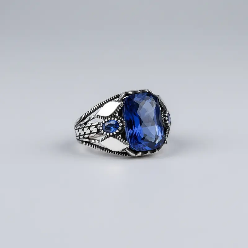 925 Zilveren Herenring met Donkerblauwe Steen