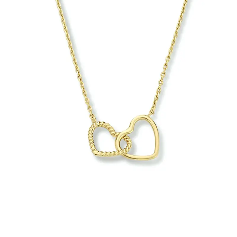9k Geelgouden dames ketting met dubbele hartjes