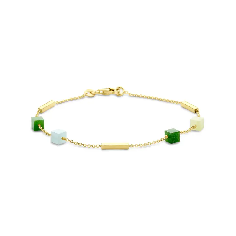Armband blauw en groen kwartsiet 19 cm 14K geelgoud