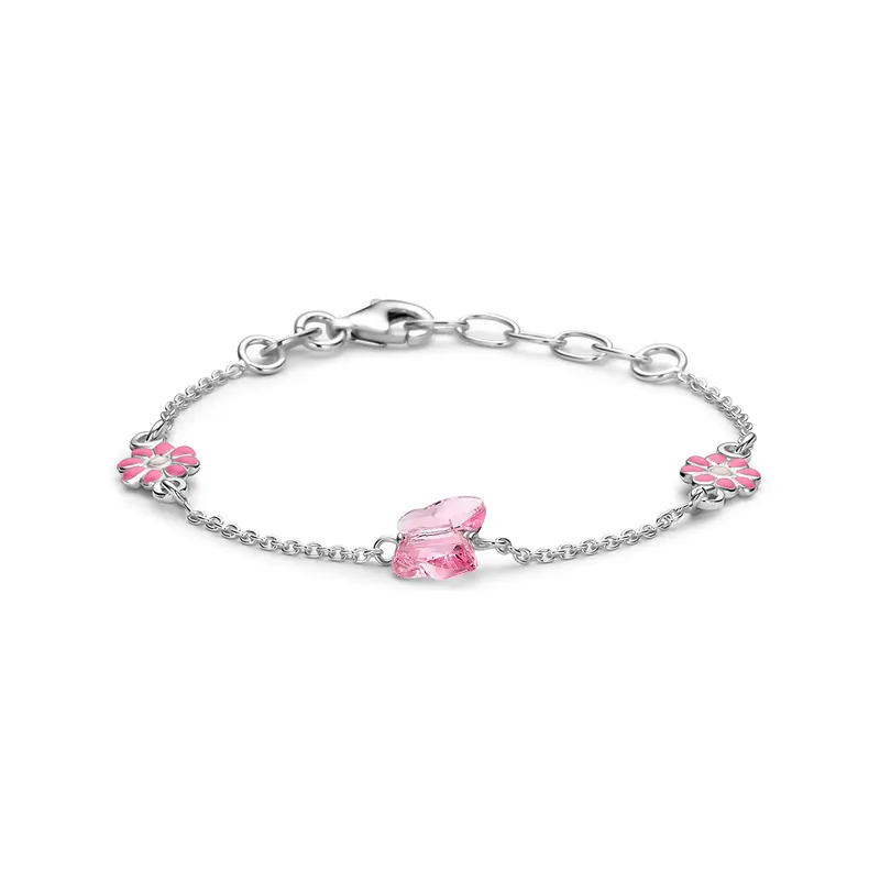 Armband bloem en vlinder 13 + 2 cm zilver wit