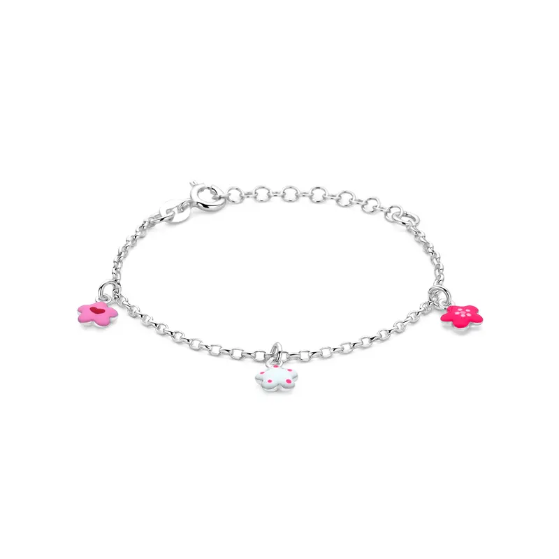 Armband bloemen emaille zilver gerhodineerd 13 + 3 cm 7 mm