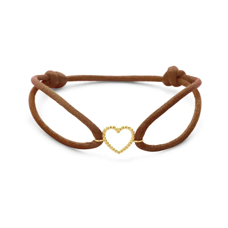 Armband bruin satijn hartje 13 - 26 cm 14K goud met rubber/nylon/leer 10,5 x 12 mm – 4700371