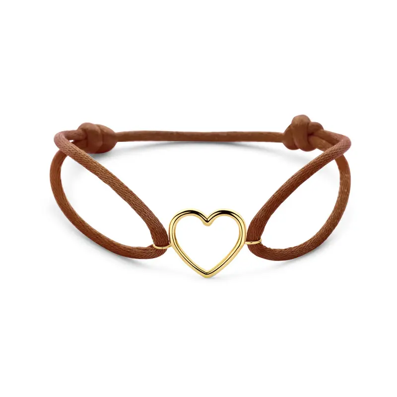 Armband bruin satijn hartje 13 - 26 cm 14K goud met rubber/nylon/leer 13,5 x 15 mm – 4700370