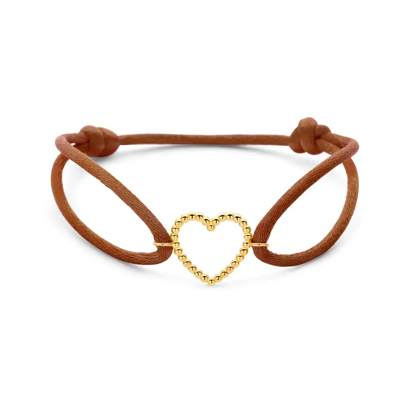 Armband bruin satijn hartje 13 - 26 cm 14K goud met rubber/nylon/leer 13,5 x 15 mm – 4700373