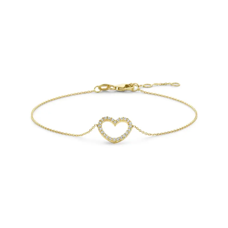 Armband hartje lab grown diamant 0.13ct f vs 14K geelgoud 16,5 - 17,5 - 18,5 cm