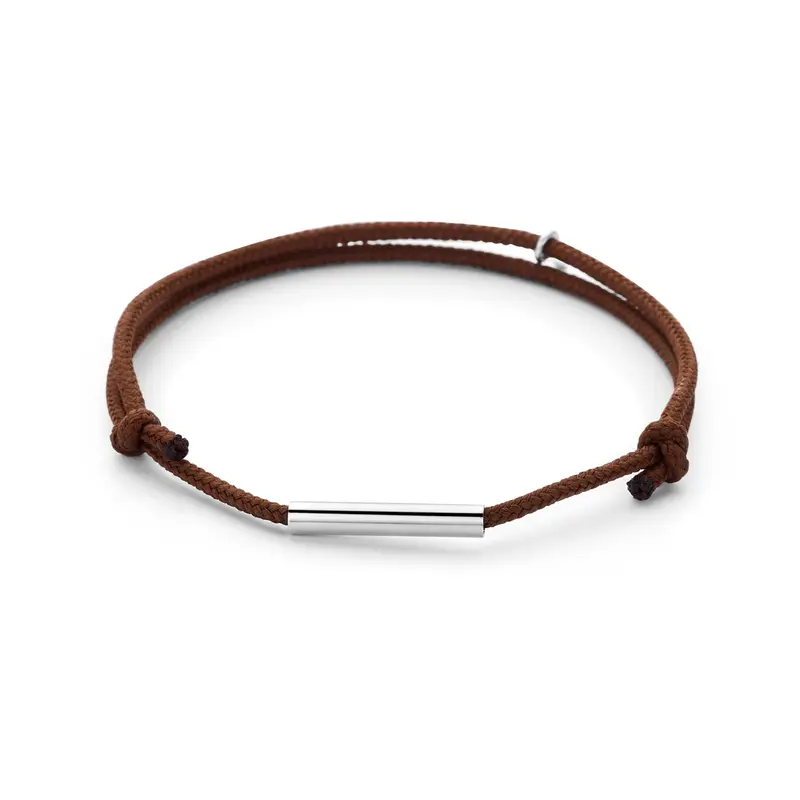 Armband katoen bruin 16 - 32 cm zilver gerhodineerd met rubber/nylon/leer 3,5 x 21 mm – 1801016
