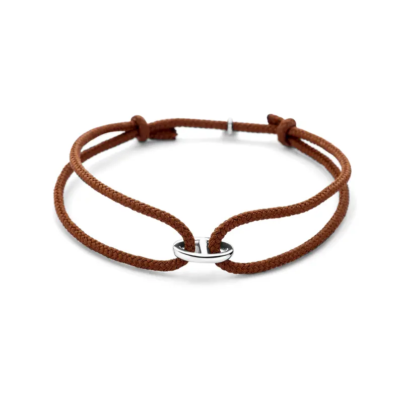 Armband katoen bruin 16 - 32 cm zilver gerhodineerd met rubber/nylon/leer 8 x 12,5 mm – 1801014