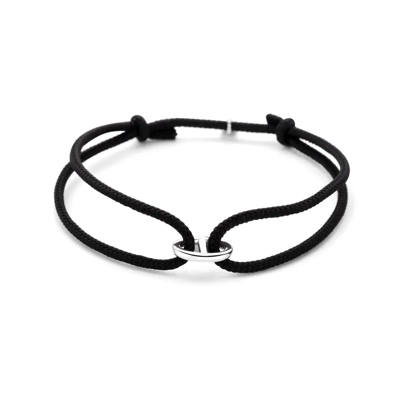 Armband katoen zwart 16 - 32 cm zilver gerhodineerd met rubber/nylon/leer 8 x 12,5 mm – 1801015