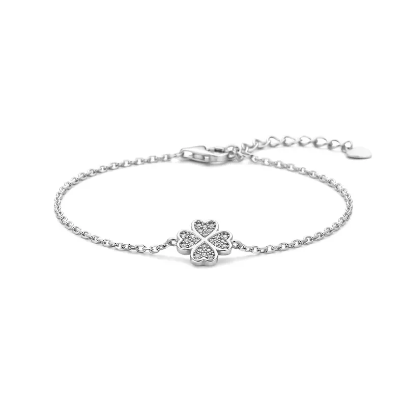 Armband klavertje zirkonia 16 + 3 cm zilver