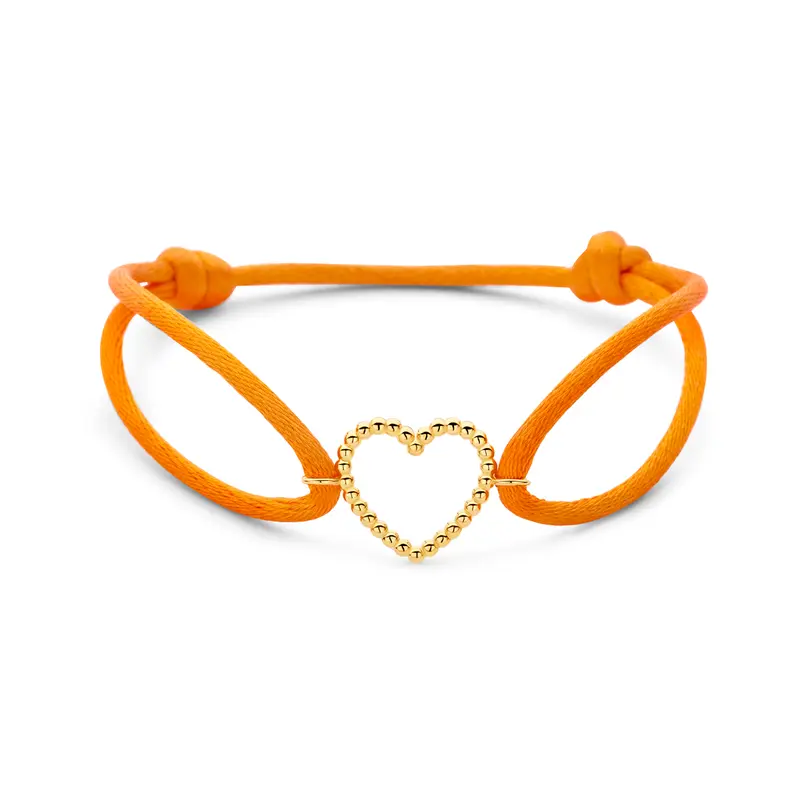 Armband oranje satijn hartje 13 - 26 cm 14K goud met rubber/nylon/leer 13,5 x 15 mm – 4700374