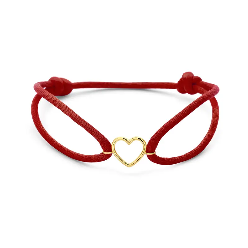 Armband rood satijn hartje 13 - 26 cm 14K goud met rubber/nylon/leer 10,5 x 12 mm – 4700359