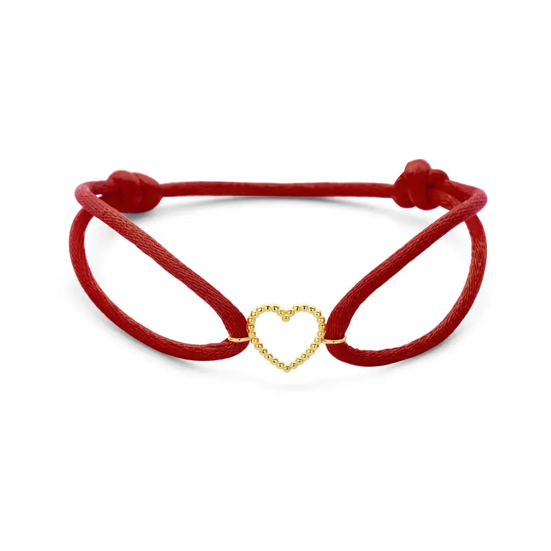 Armband rood satijn hartje 13 - 26 cm 14K goud met rubber/nylon/leer 10,5 x 12 mm – 4700360