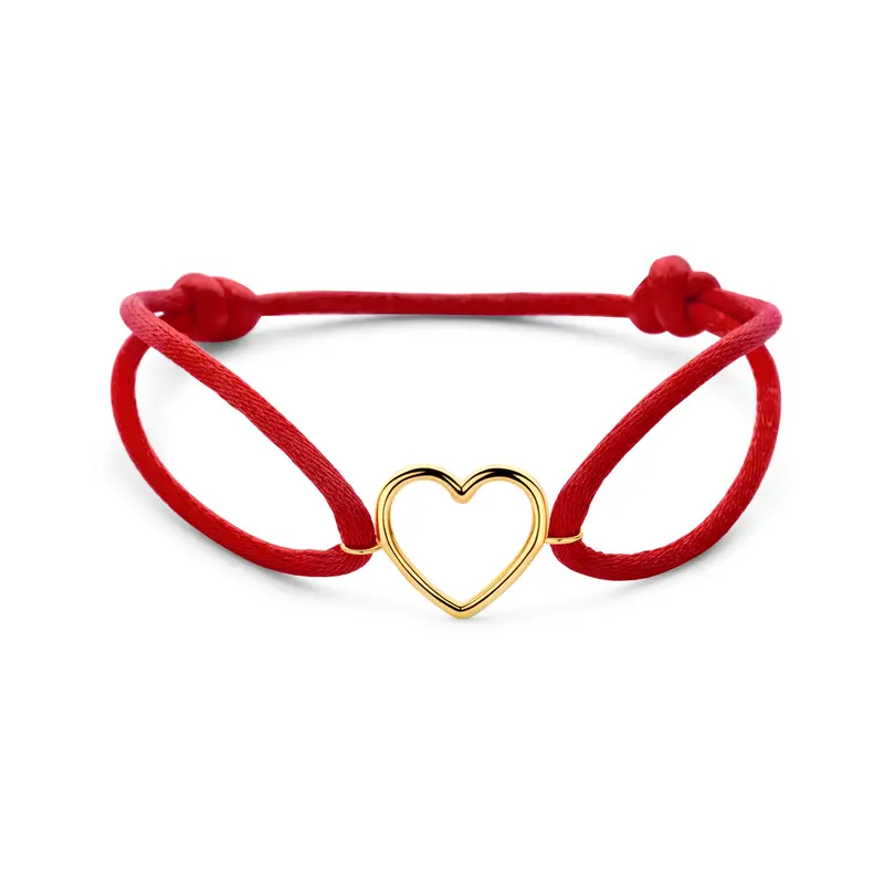 Armband rood satijn hartje 13 - 26 cm 14K goud met rubber/nylon/leer 13,5 x 15 mm – 4700378