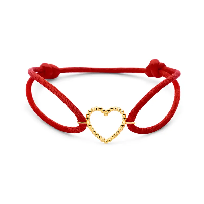 Armband rood satijn hartje 13 - 26 cm 14K goud met rubber/nylon/leer 13,5 x 15 mm – 4700379