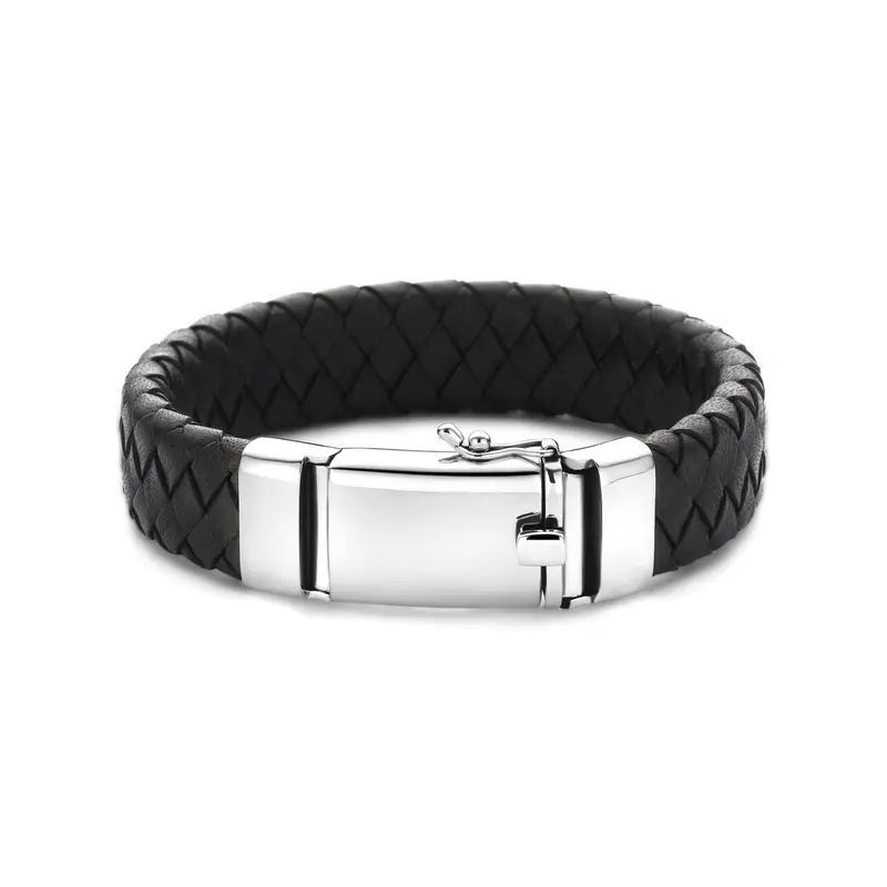 Armband zwart leer 15 mm 21 cm zilver