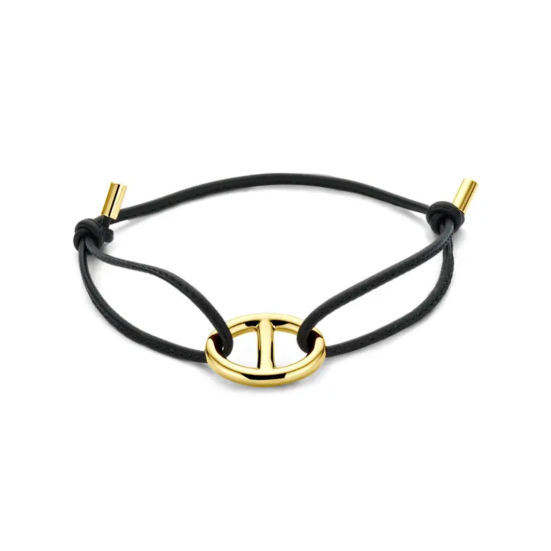 Armband zwart leer marine 15 - 26 cm 18K geelgoud