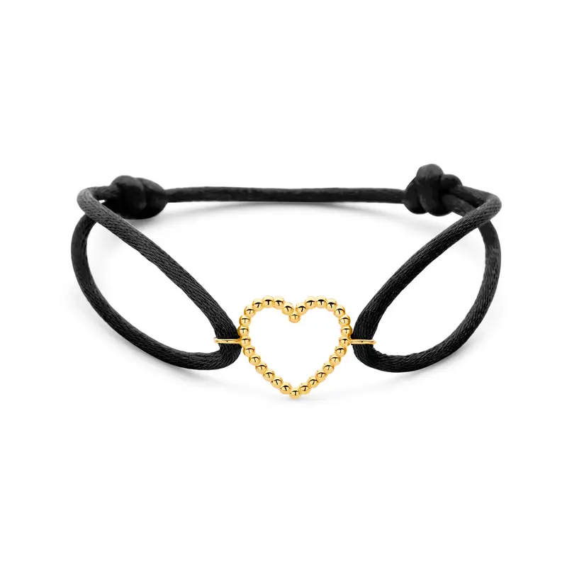 Armband zwart satijn hartje 13 - 26 cm 14K goud met rubber/nylon/leer 13,5 x 15 mm – 4700366