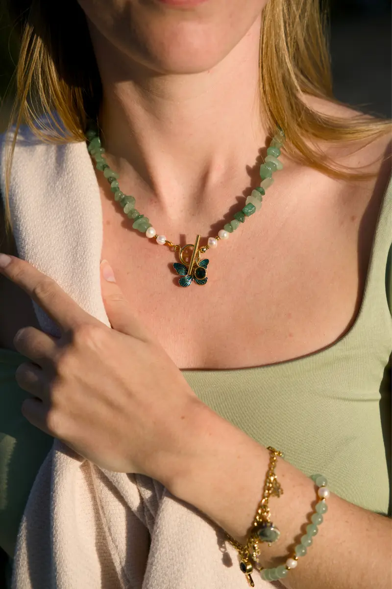 Aventurijn Chipketting met Vlinder & Hartbedel